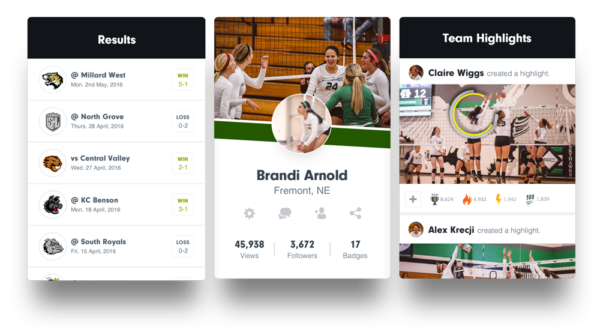Team schedule, results and athlete profile page